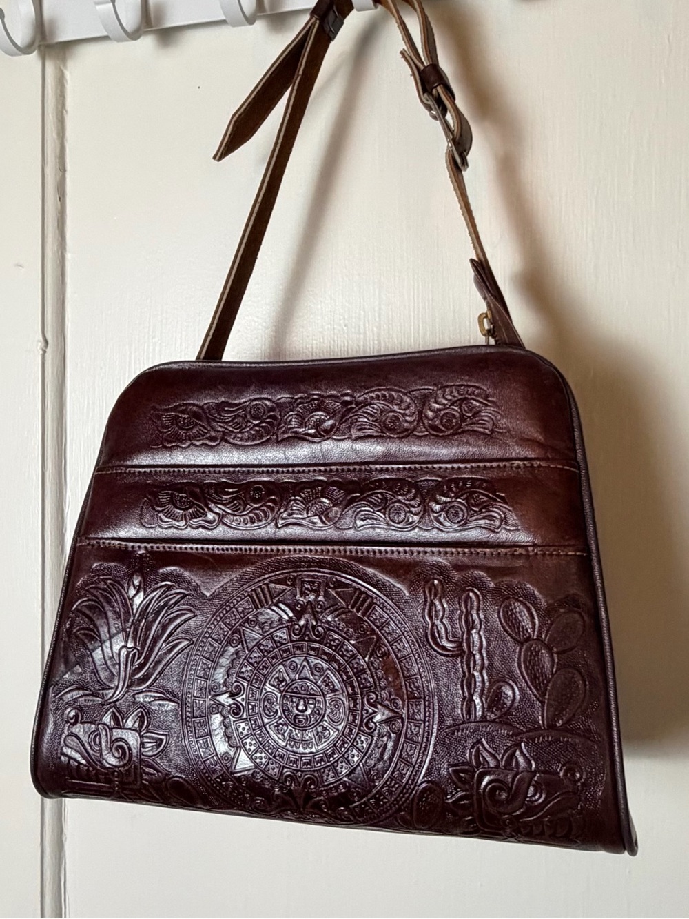 Embossed Leather Shoulder Bag in Deep Brown